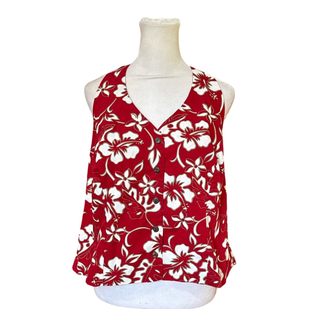 Hilo Hattie Hawaiian Original VTG Red Hibiscus Floral Halter Top XL Hawaii